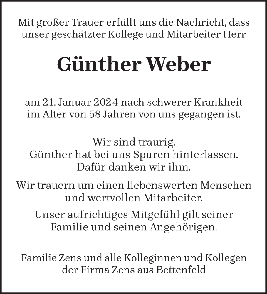  Traueranzeige für Günther Weber vom 27.01.2024 aus trierischer_volksfreund
