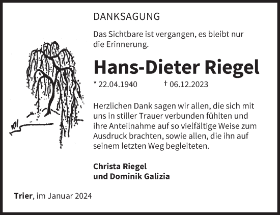 Traueranzeige von Hans-Dieter Riegel von trierischer_volksfreund