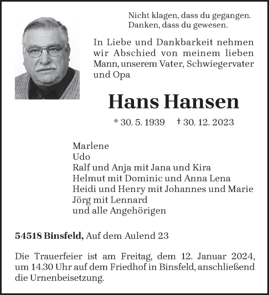 Traueranzeige von Hans Hansen von trierischer_volksfreund