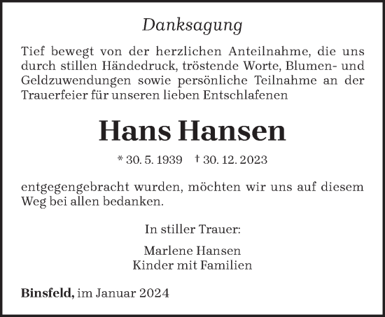 Traueranzeige von Hans Hansen von trierischer_volksfreund