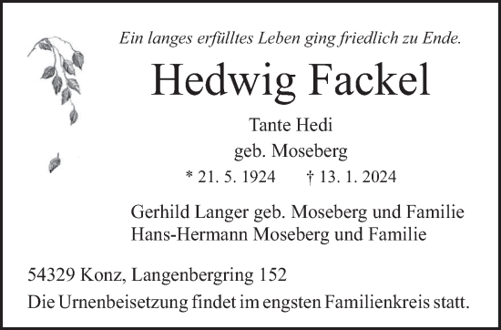Traueranzeige von Hedwig Fackel von trierischer_volksfreund