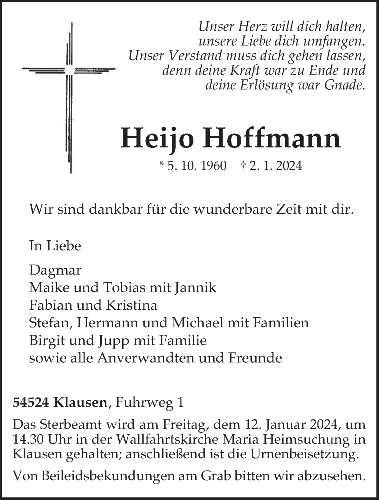  Traueranzeige für Heijo Hoffmann vom 09.01.2024 aus trierischer_volksfreund