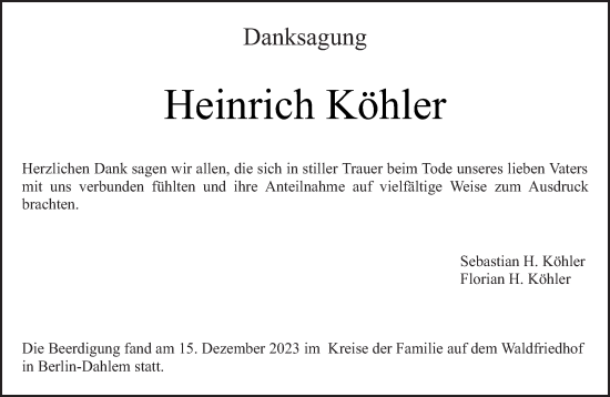 Traueranzeige von Heinrich Köhler von trierischer_volksfreund