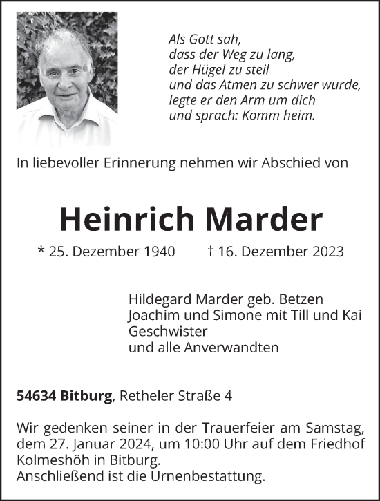 Traueranzeige von Heinrich Marder von trierischer_volksfreund