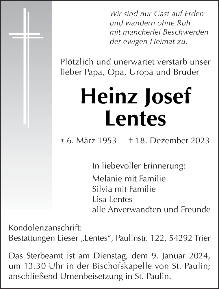  Traueranzeige für Heinz Josef Lentes vom 06.01.2024 aus trierischer_volksfreund