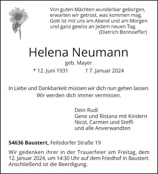 Traueranzeige von Helena Neumann von trierischer_volksfreund
