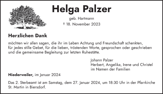 Traueranzeige von Helga Palzer von trierischer_volksfreund