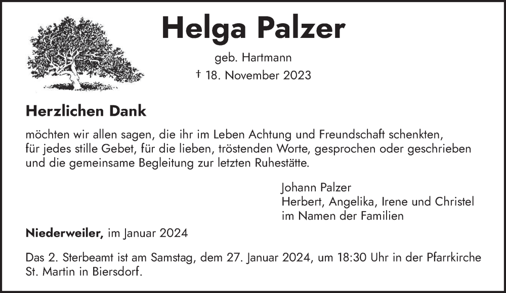  Traueranzeige für Helga Palzer vom 20.01.2024 aus trierischer_volksfreund