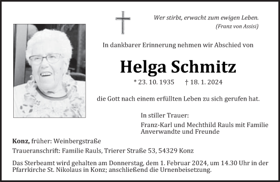 Traueranzeige von Helga Schmitz von trierischer_volksfreund