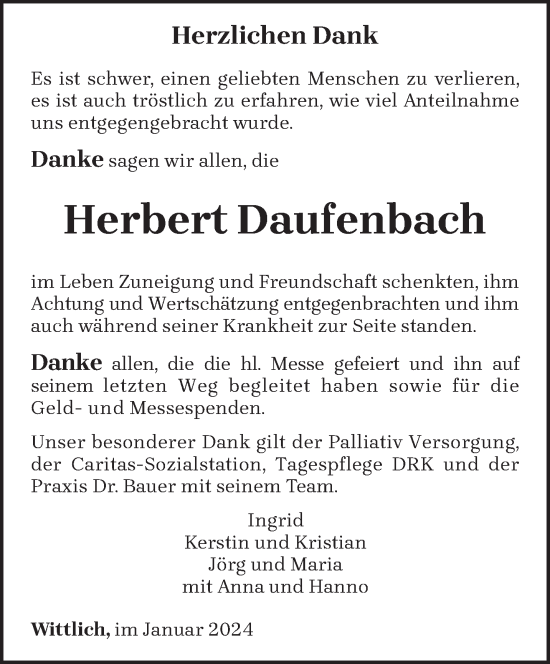 Traueranzeige von Herbert Daufenbach von trierischer_volksfreund