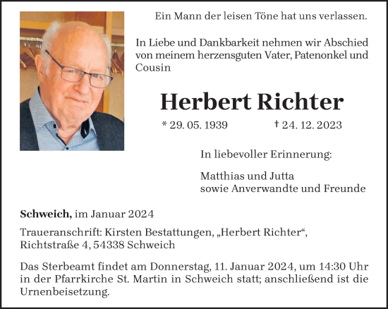 Traueranzeige von Herbert Richter von trierischer_volksfreund