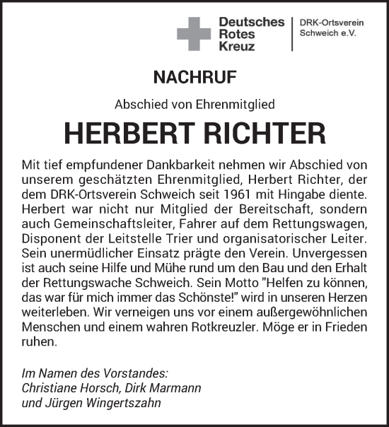 Traueranzeige von Herbert Richter von trierischer_volksfreund