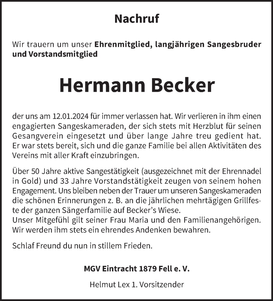  Traueranzeige für Hermann Becker vom 20.01.2024 aus trierischer_volksfreund