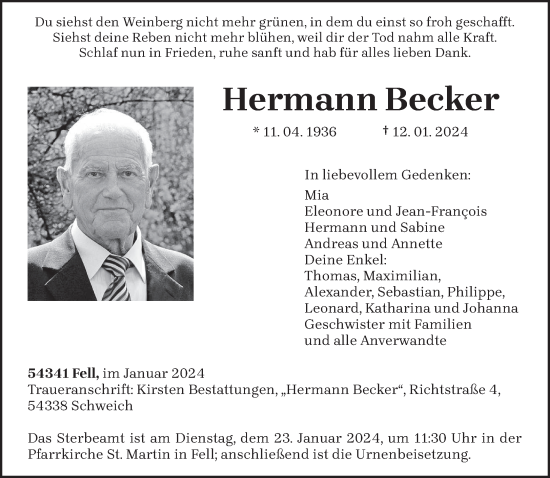 Traueranzeige von Hermann Becker von trierischer_volksfreund