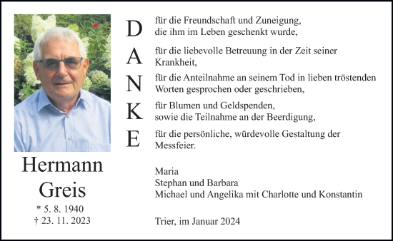 Traueranzeige von Hermann Greis von trierischer_volksfreund