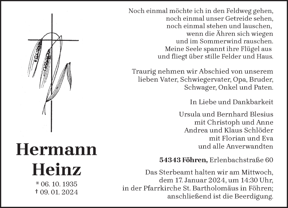  Traueranzeige für Hermann Heinz vom 13.01.2024 aus trierischer_volksfreund