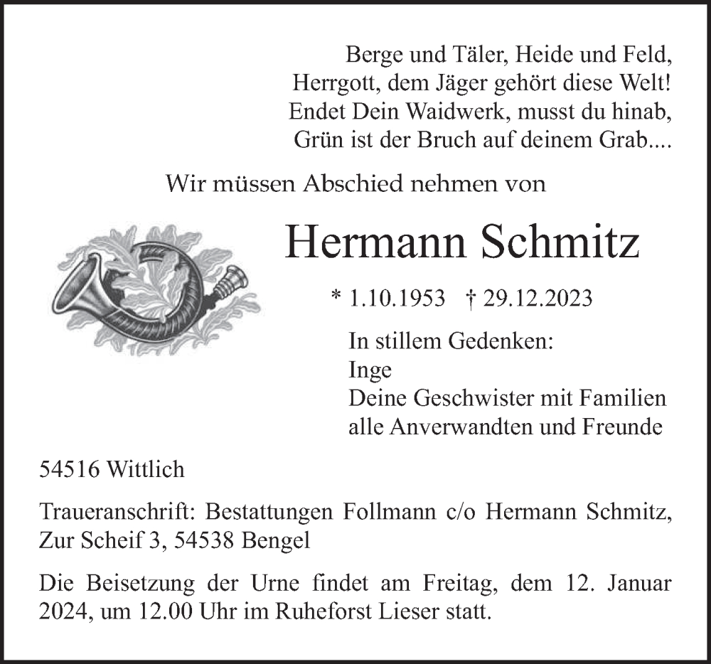 Traueranzeige für Hermann Schmitz vom 06.01.2024 aus trierischer_volksfreund