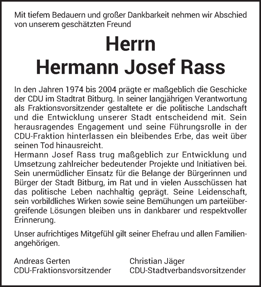  Traueranzeige für Hermann Josef Rass vom 17.01.2024 aus trierischer_volksfreund