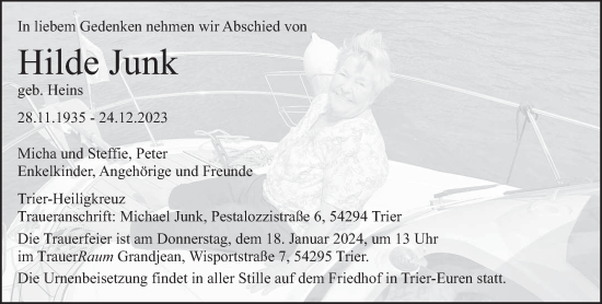 Traueranzeige von Hilde Junk von trierischer_volksfreund
