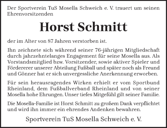 Traueranzeige von Horst Schmitt von trierischer_volksfreund