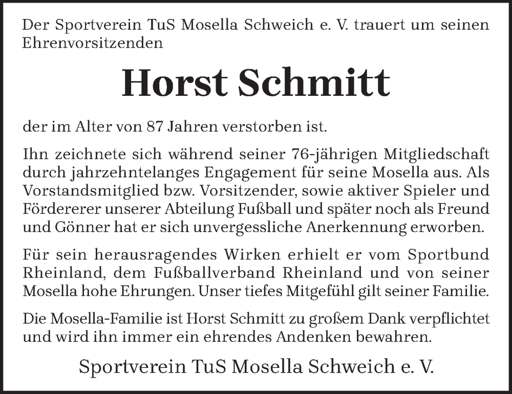  Traueranzeige für Horst Schmitt vom 25.01.2024 aus trierischer_volksfreund