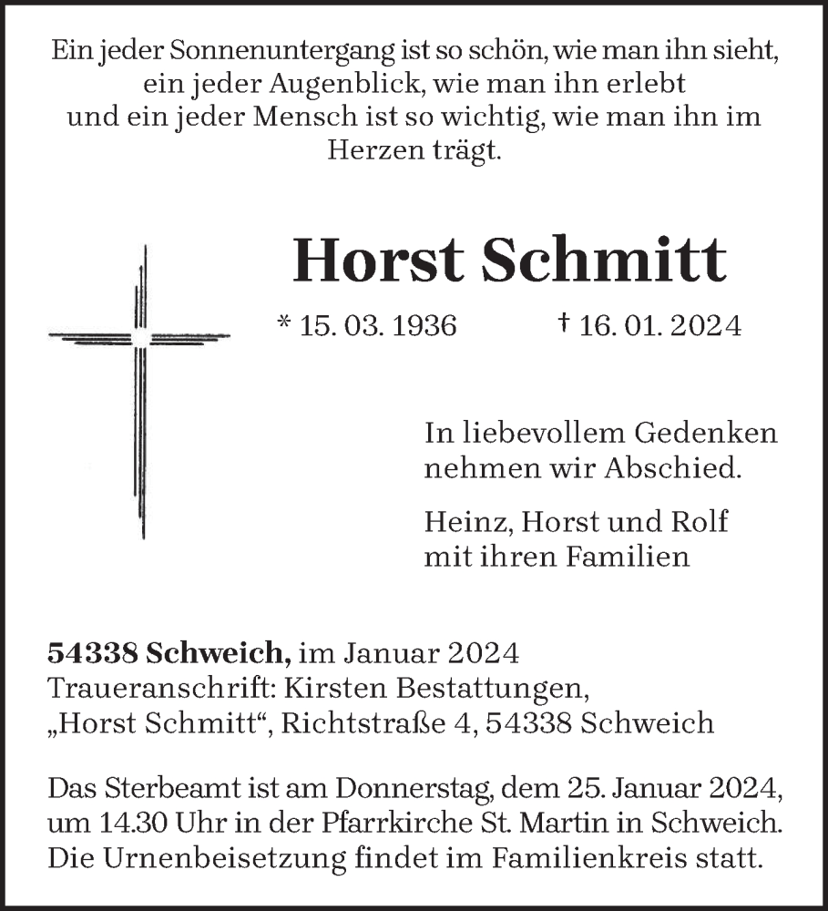  Traueranzeige für Horst Schmitt vom 20.01.2024 aus trierischer_volksfreund
