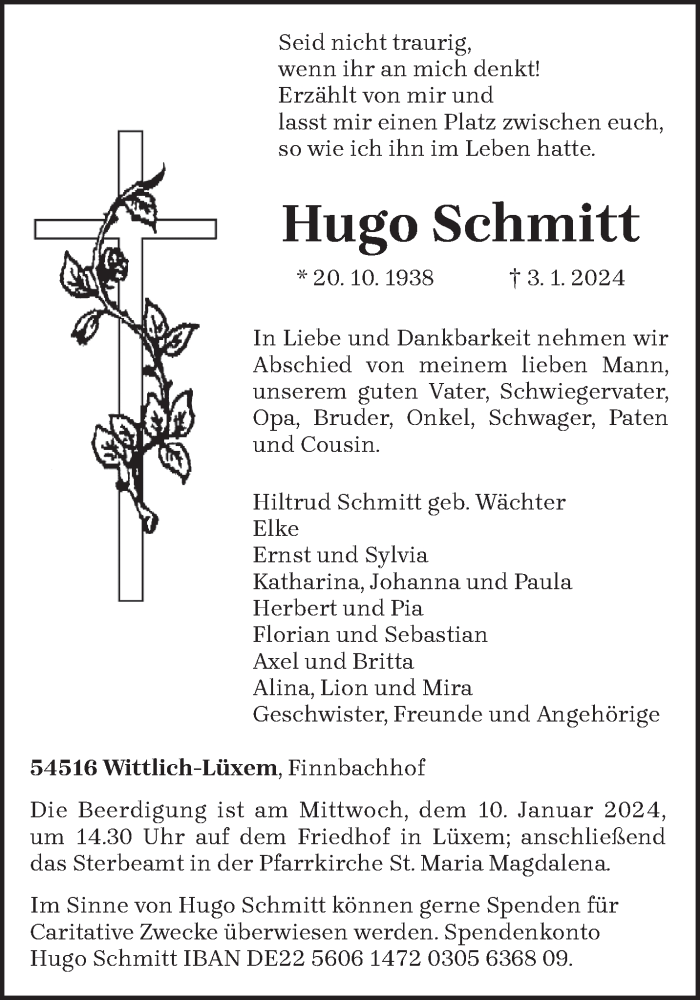  Traueranzeige für Hugo Schmitt vom 06.01.2024 aus trierischer_volksfreund