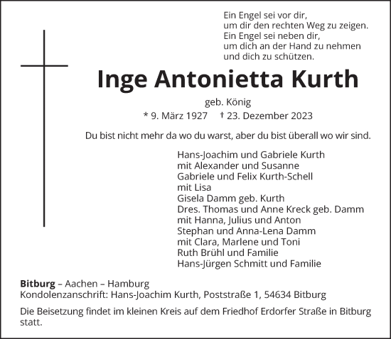 Traueranzeige von Inge Antonietta Kurth von trierischer_volksfreund