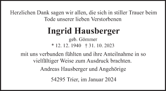 Traueranzeige von Ingrid Hausberger von trierischer_volksfreund