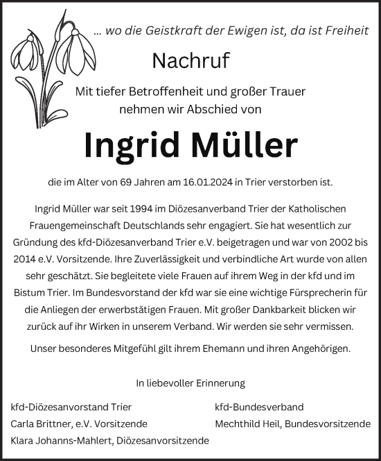 Traueranzeige von Ingrid Müller von trierischer_volksfreund
