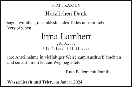 Traueranzeige von Irma Lambert von trierischer_volksfreund