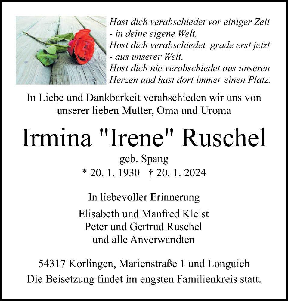  Traueranzeige für Irmina Ruschel vom 27.01.2024 aus trierischer_volksfreund