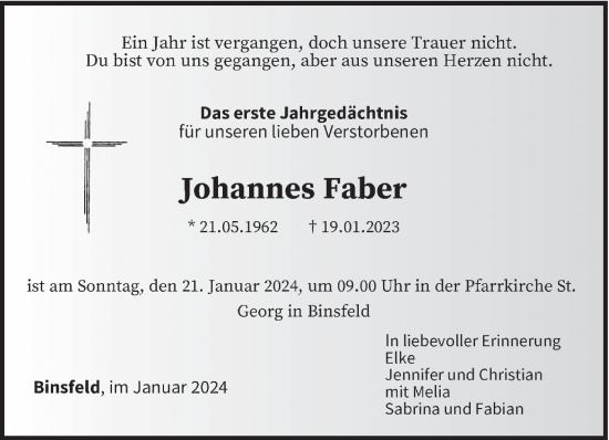 Traueranzeige von Johannes Faber von trierischer_volksfreund