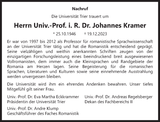 Traueranzeige von Johannes Kramer von trierischer_volksfreund