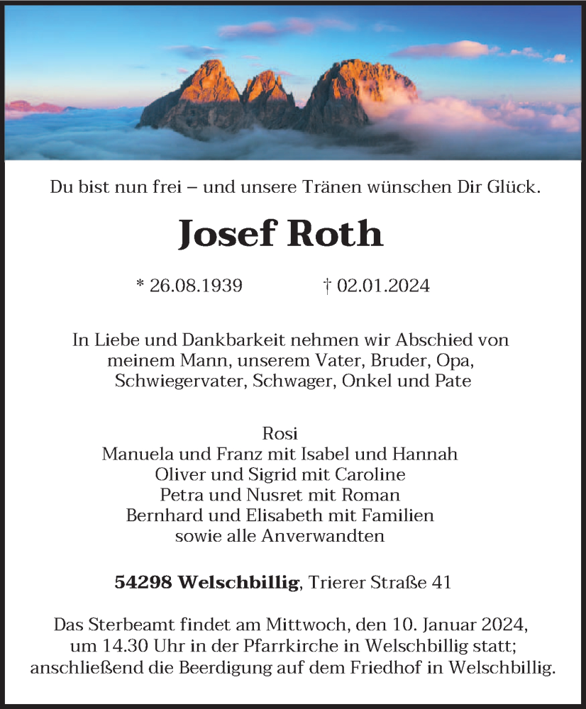  Traueranzeige für Josef Roth vom 06.01.2024 aus trierischer_volksfreund