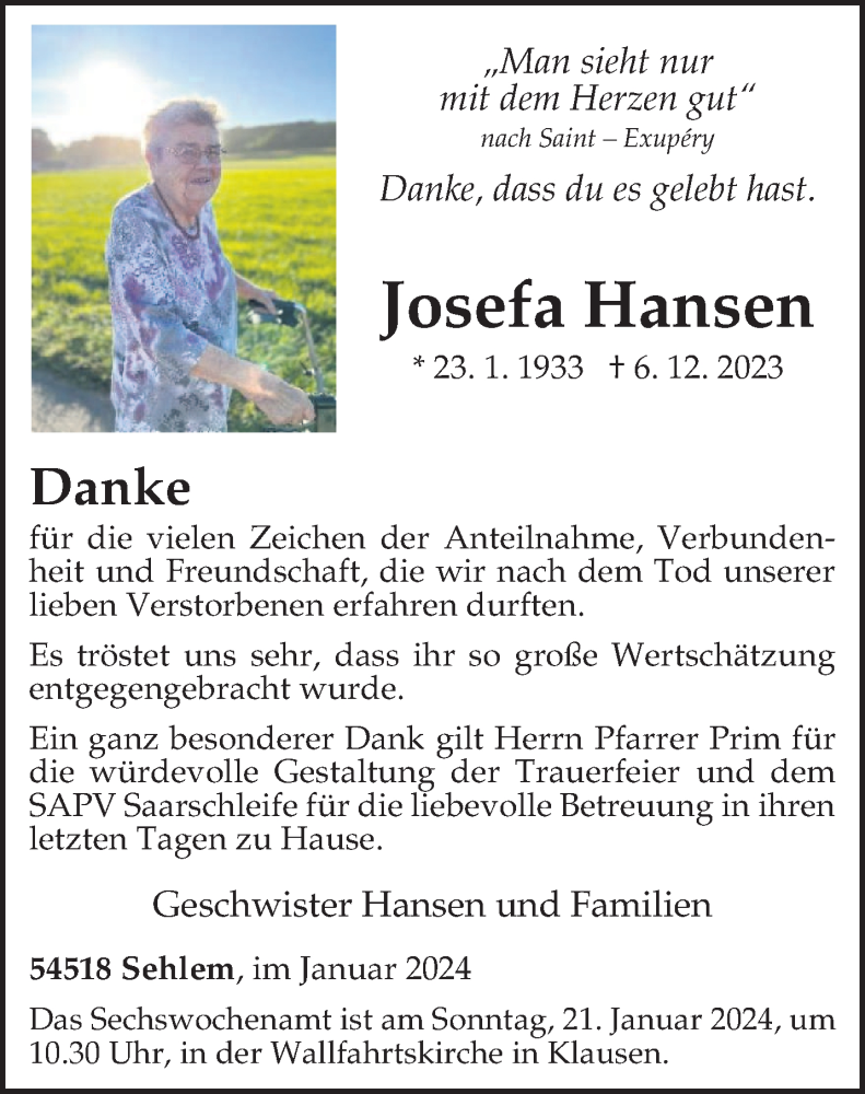  Traueranzeige für Josefa Hansen vom 17.01.2024 aus trierischer_volksfreund