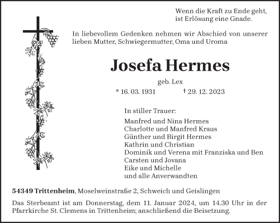 Traueranzeige von Josefa Hermes von trierischer_volksfreund