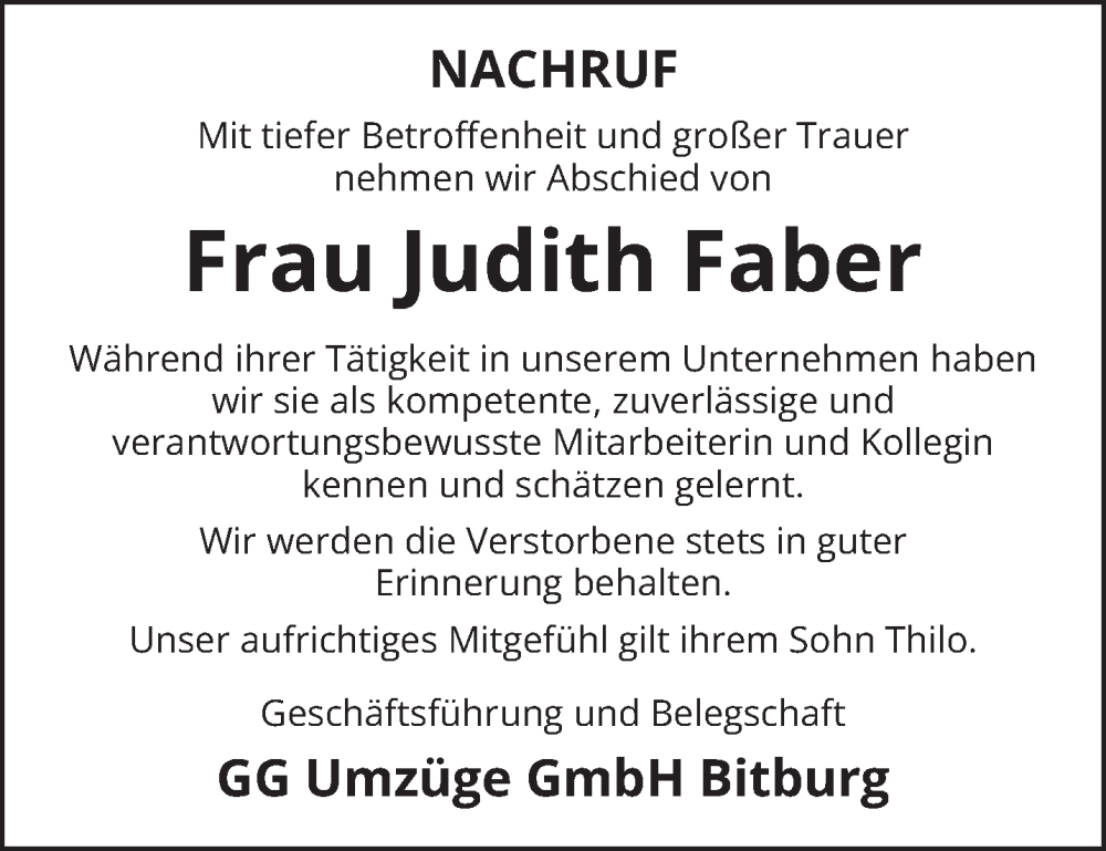  Traueranzeige für Judith Faber vom 10.01.2024 aus trierischer_volksfreund