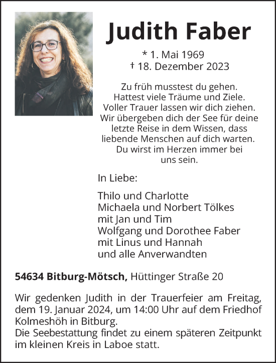 Traueranzeige von Judith Faber von trierischer_volksfreund