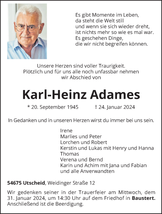 Traueranzeige von Karl-Heinz Adames von trierischer_volksfreund