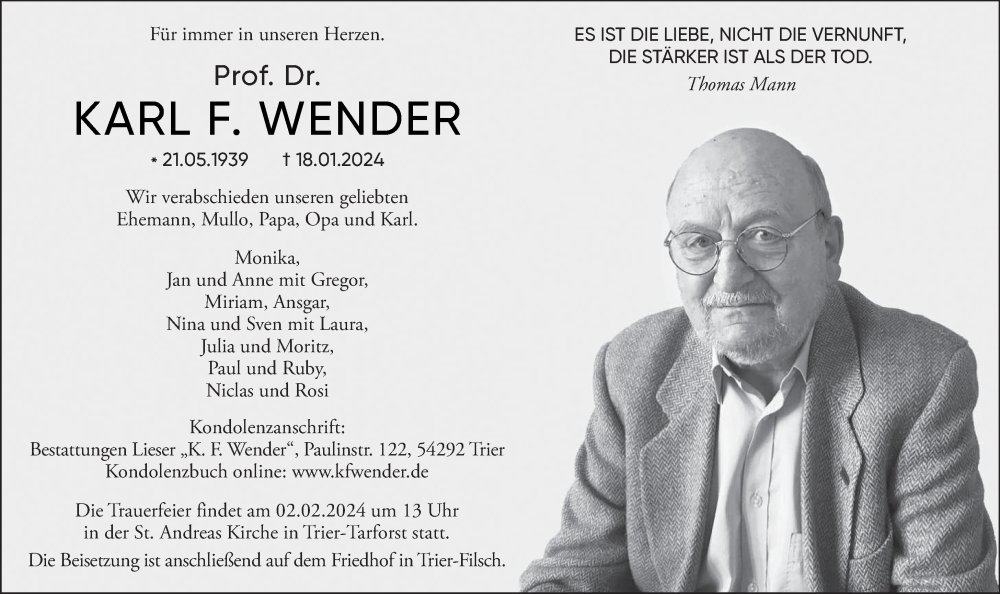  Traueranzeige für Karl F. Wender vom 27.01.2024 aus trierischer_volksfreund