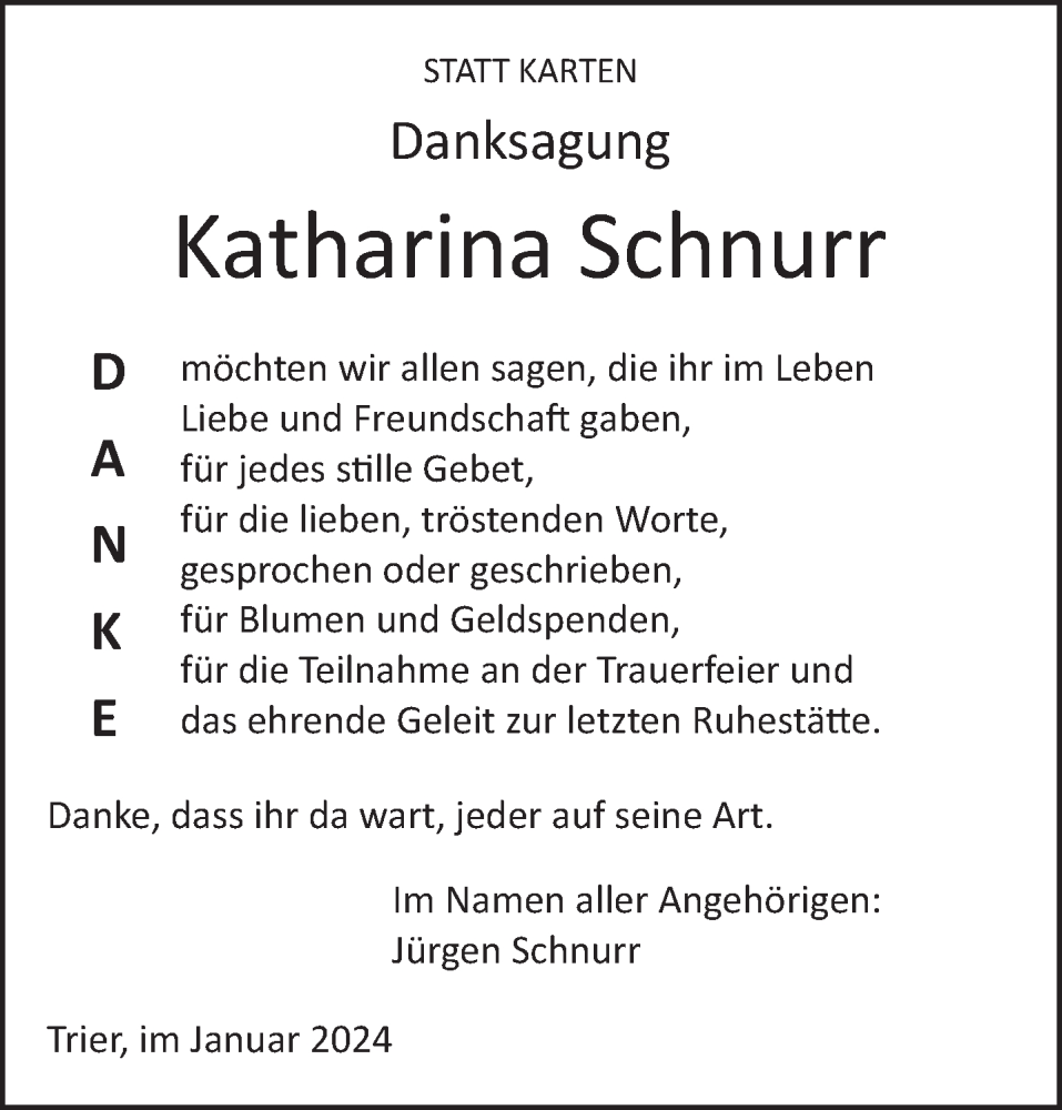  Traueranzeige für Katharina Schnurr vom 27.01.2024 aus trierischer_volksfreund