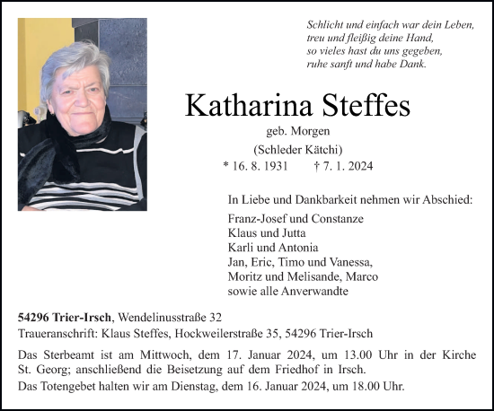 Traueranzeige von Katharina Steffes von trierischer_volksfreund