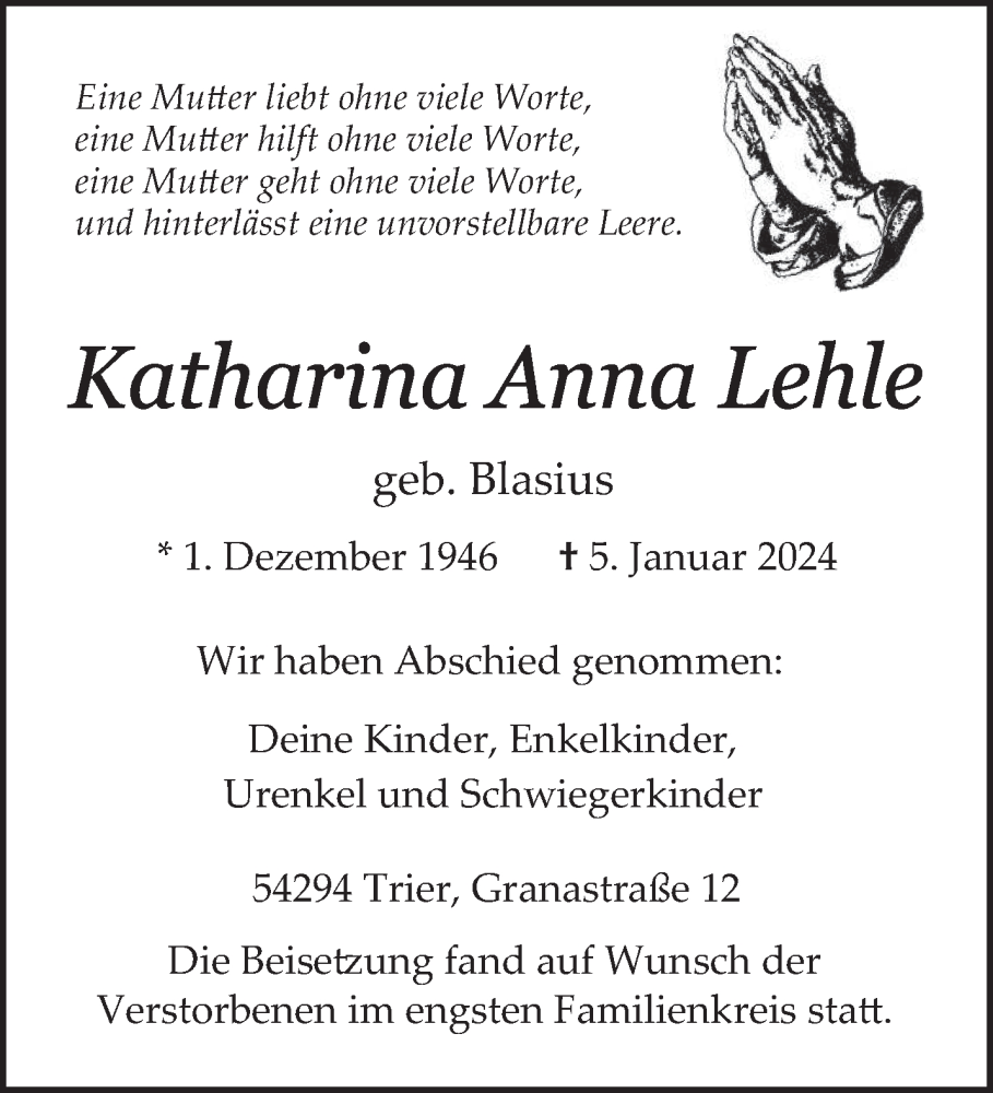  Traueranzeige für Katharina Anna Lehle vom 20.01.2024 aus trierischer_volksfreund