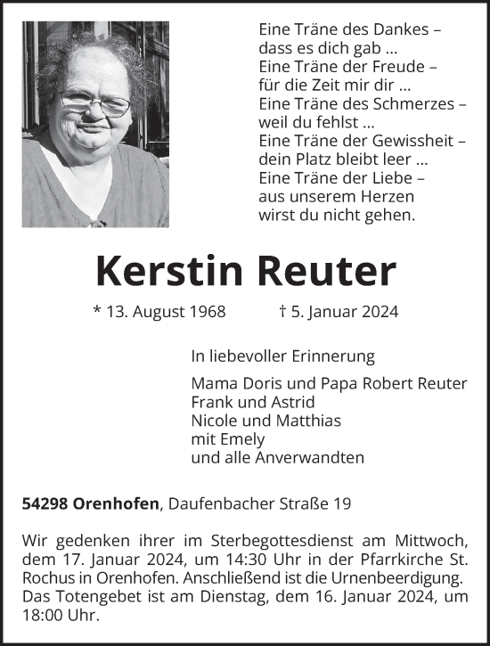 Traueranzeige von Kerstin Reuter von trierischer_volksfreund