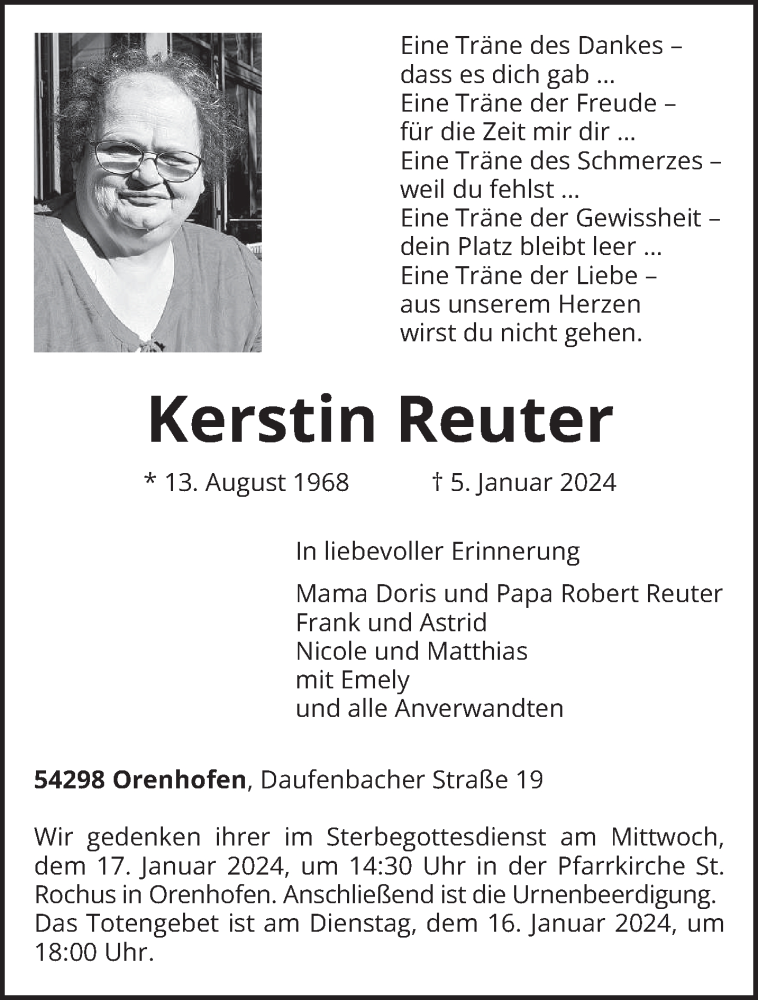  Traueranzeige für Kerstin Reuter vom 10.01.2024 aus trierischer_volksfreund