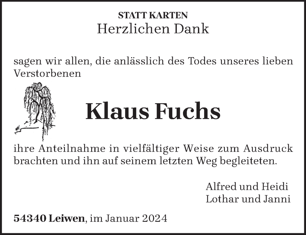  Traueranzeige für Klaus Fuchs vom 27.01.2024 aus trierischer_volksfreund