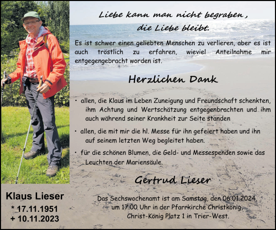 Traueranzeige von Klaus Lieser von trierischer_volksfreund