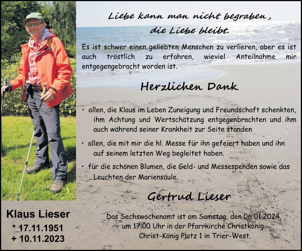  Traueranzeige für Klaus Lieser vom 03.01.2024 aus trierischer_volksfreund