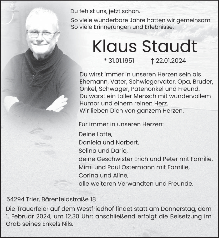  Traueranzeige für Klaus Staudt vom 27.01.2024 aus trierischer_volksfreund